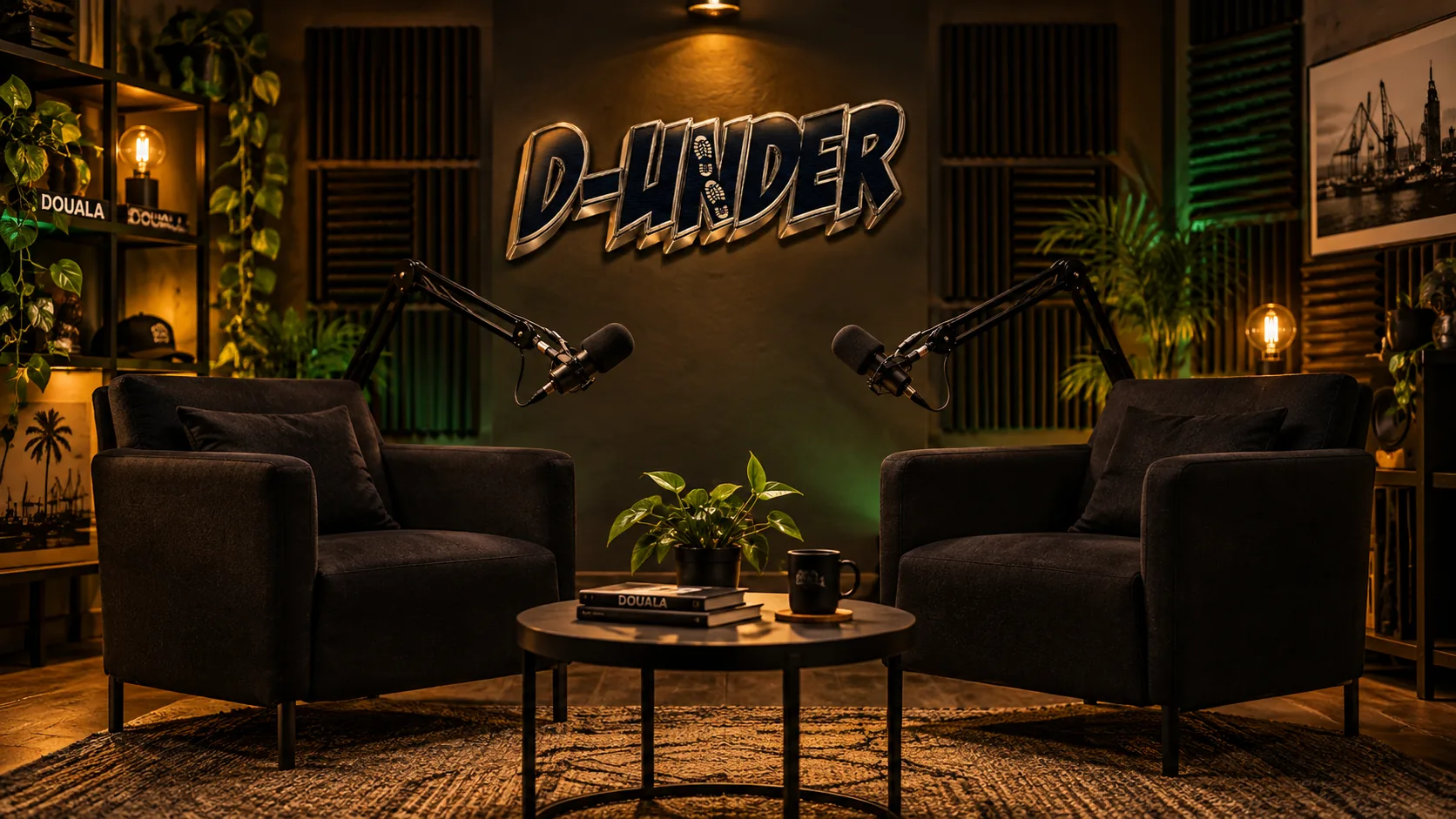 Studio de podcast D-ROOM : deux fauteuils, deux microphones et une lumière tamisée
